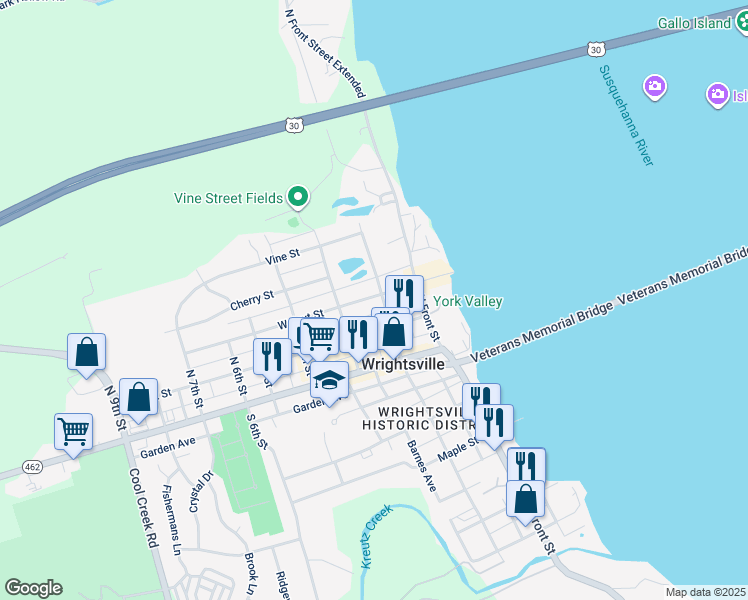 map of restaurants, bars, coffee shops, grocery stores, and more near 207 Walnut Street in Wrightsville
