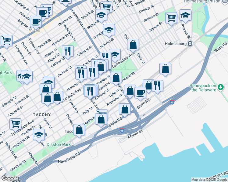 map of restaurants, bars, coffee shops, grocery stores, and more near 7214 Tulip Street in Philadelphia