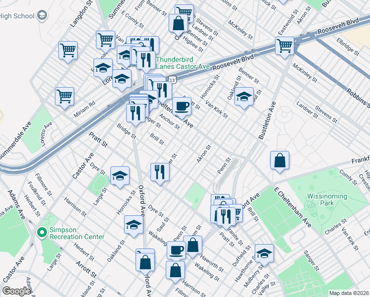 map of restaurants, bars, coffee shops, grocery stores, and more near 5347 Sylvester Street in Philadelphia