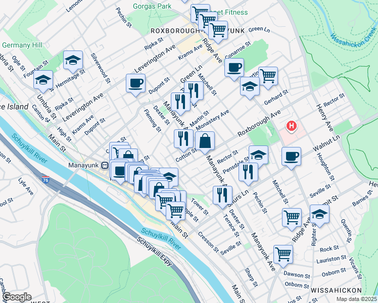 map of restaurants, bars, coffee shops, grocery stores, and more near 254 Roxborough Avenue in Philadelphia
