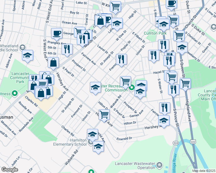 map of restaurants, bars, coffee shops, grocery stores, and more near 841 Union Street in Lancaster