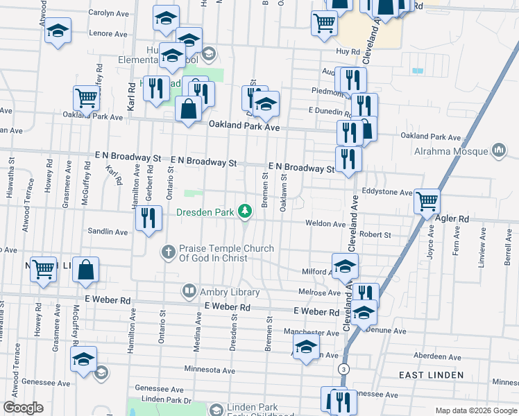 map of restaurants, bars, coffee shops, grocery stores, and more near 2968 Bremen Street in Columbus