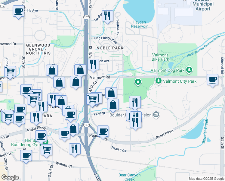 map of restaurants, bars, coffee shops, grocery stores, and more near 4865 Sterling Dr in Boulder