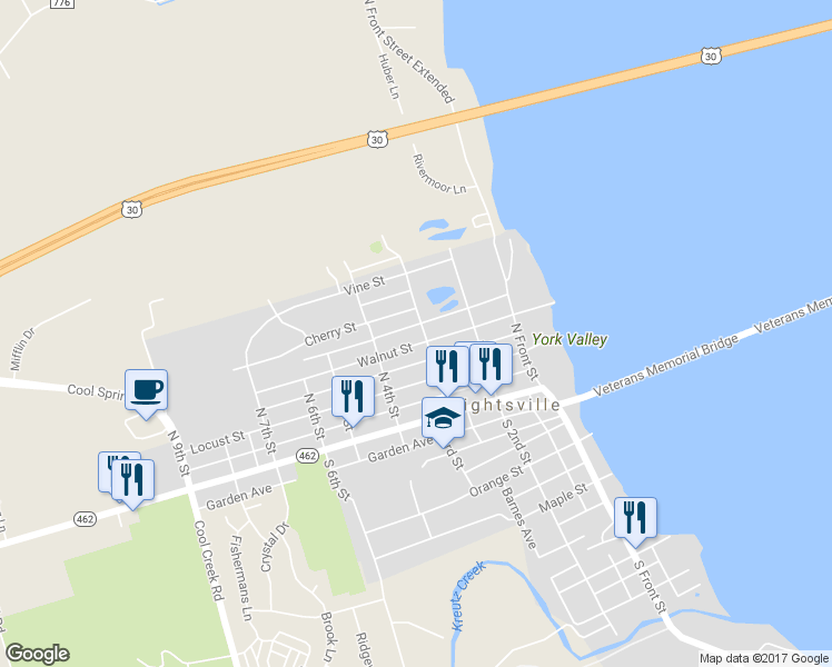 map of restaurants, bars, coffee shops, grocery stores, and more near 302 Walnut Street in Wrightsville