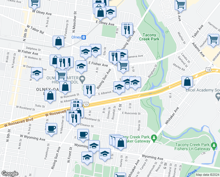 map of restaurants, bars, coffee shops, grocery stores, and more near 326 East Sheldon Street in Philadelphia