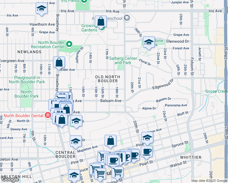 map of restaurants, bars, coffee shops, grocery stores, and more near 1740 Cedar Avenue in Boulder