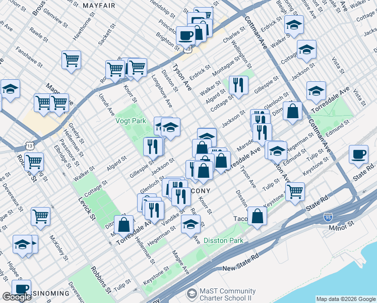 map of restaurants, bars, coffee shops, grocery stores, and more near 6824 Glenloch Street in Philadelphia