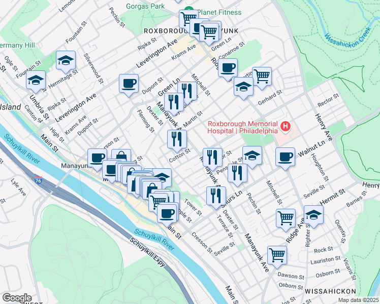 map of restaurants, bars, coffee shops, grocery stores, and more near 313 Cotton Street in Philadelphia