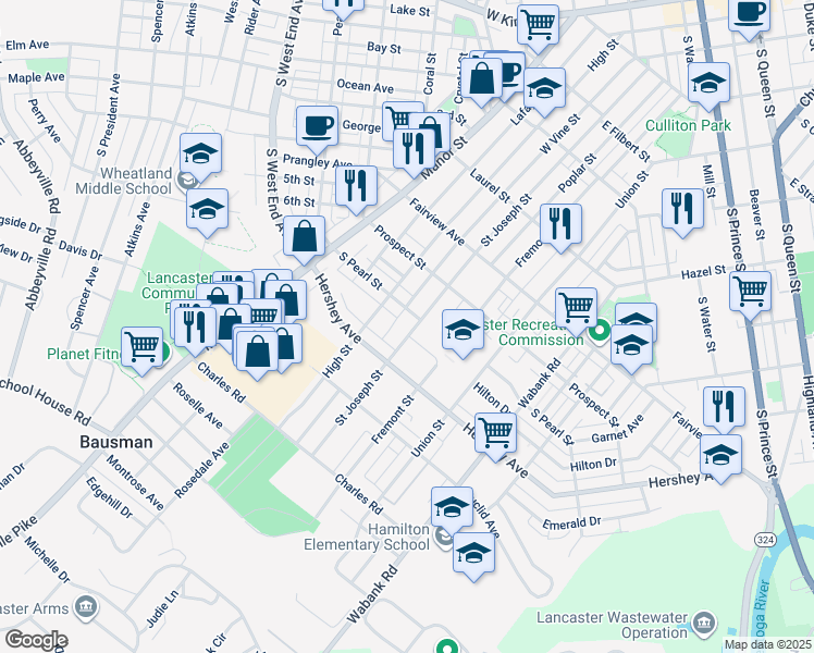 map of restaurants, bars, coffee shops, grocery stores, and more near 1015 Saint Joseph Street in Lancaster