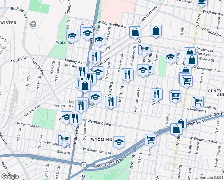 map of restaurants, bars, coffee shops, grocery stores, and more near 4913 North Marvine Street in Philadelphia