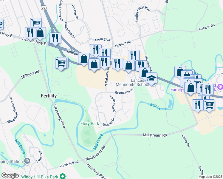 map of restaurants, bars, coffee shops, grocery stores, and more near 307 Greenland Drive in Lancaster