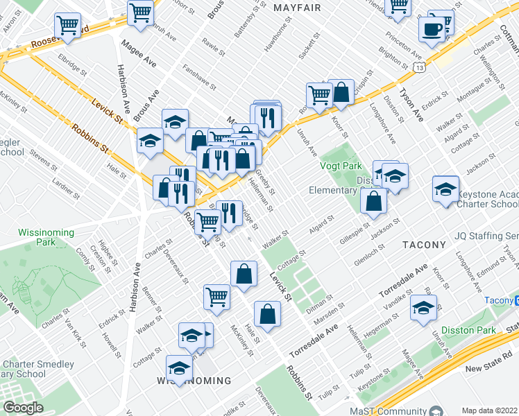 map of restaurants, bars, coffee shops, grocery stores, and more near 4145 Passmore Street in Philadelphia
