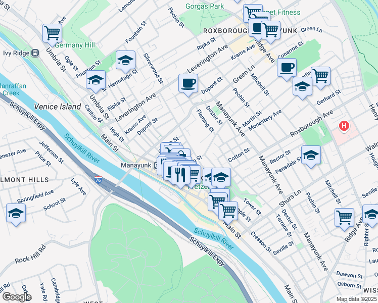 map of restaurants, bars, coffee shops, grocery stores, and more near 181 Gay Street in Philadelphia
