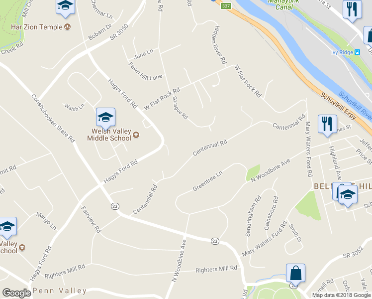 map of restaurants, bars, coffee shops, grocery stores, and more near 1300 Centennial Road in Penn Valley