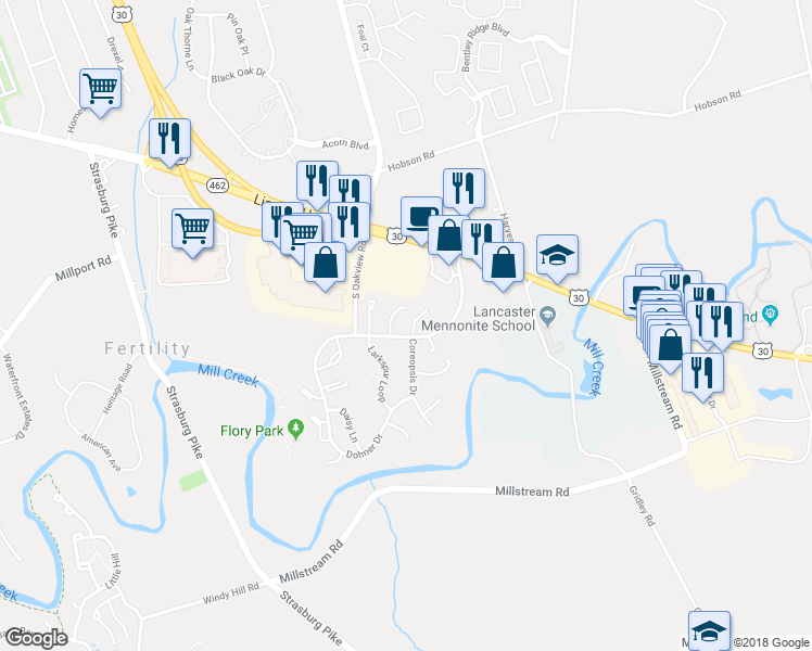 map of restaurants, bars, coffee shops, grocery stores, and more near 225 Greenland Drive in Lancaster