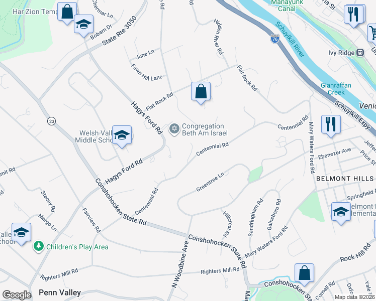 map of restaurants, bars, coffee shops, grocery stores, and more near 1300 Centennial Road in Penn Valley