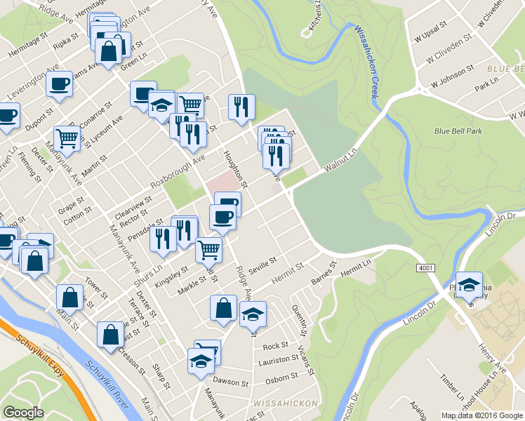 map of restaurants, bars, coffee shops, grocery stores, and more near 601 Walnut Lane in Philadelphia