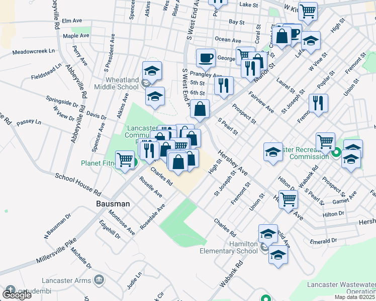 map of restaurants, bars, coffee shops, grocery stores, and more near 1210 Millersville Pike in Lancaster