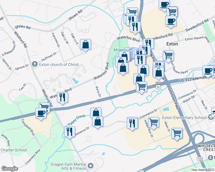 map of restaurants, bars, coffee shops, grocery stores, and more near 352 Waterloo Boulevard in Exton
