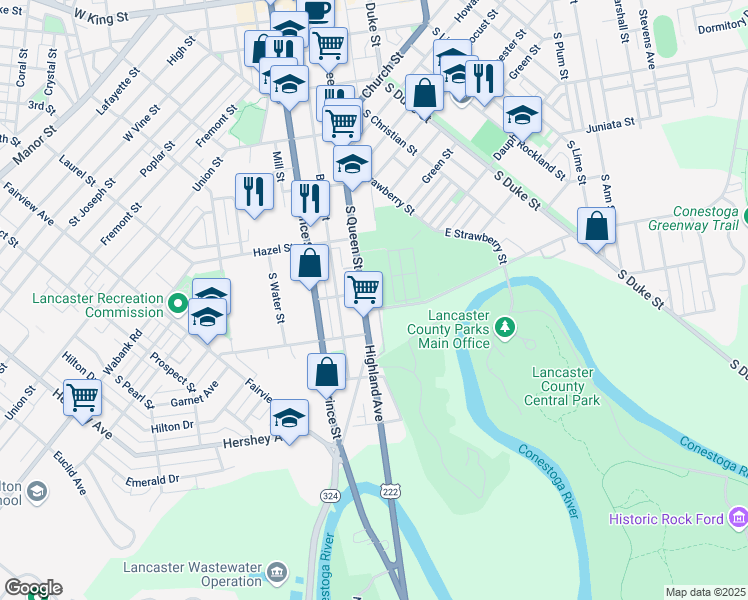 map of restaurants, bars, coffee shops, grocery stores, and more near 601 South Queen Street in Lancaster