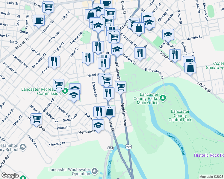 map of restaurants, bars, coffee shops, grocery stores, and more near 604 Beaver Street in Lancaster