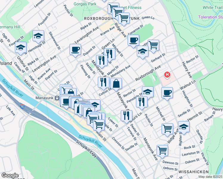 map of restaurants, bars, coffee shops, grocery stores, and more near 313 Cotton Street in Philadelphia