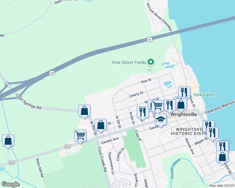 map of restaurants, bars, coffee shops, grocery stores, and more near 312 North 7th Street in Wrightsville