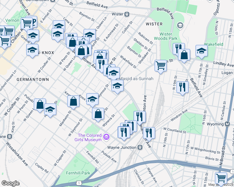 map of restaurants, bars, coffee shops, grocery stores, and more near 35 West Logan Street in Philadelphia