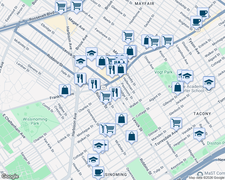 map of restaurants, bars, coffee shops, grocery stores, and more near 4119 Levick Street in Philadelphia