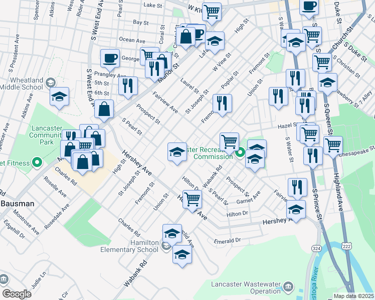 map of restaurants, bars, coffee shops, grocery stores, and more near 901 Union Street in Lancaster
