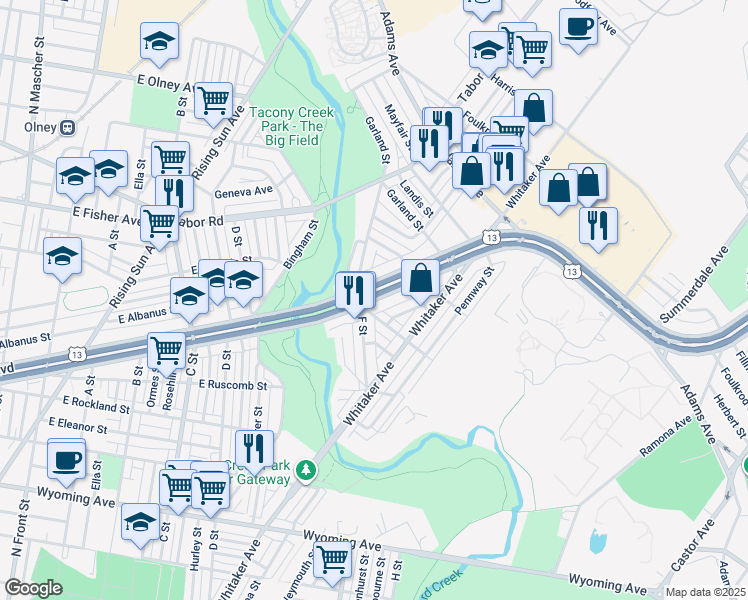 map of restaurants, bars, coffee shops, grocery stores, and more near 4023 E Roosevelt Blvd in Philadelphia