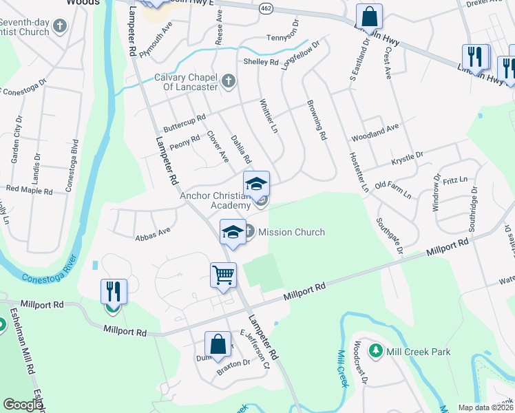 map of restaurants, bars, coffee shops, grocery stores, and more near 530 Milton Road in Lancaster