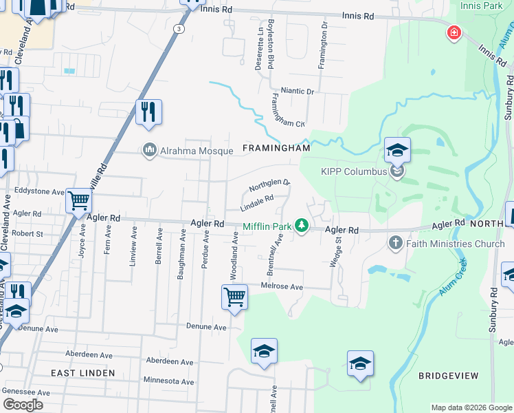 map of restaurants, bars, coffee shops, grocery stores, and more near 2373 Lindale Road in Columbus