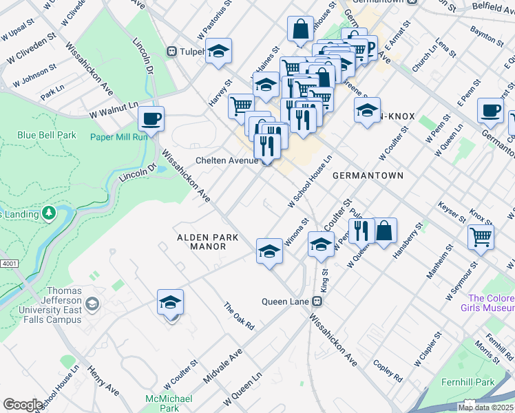 map of restaurants, bars, coffee shops, grocery stores, and more near 421 West School House Lane in Philadelphia