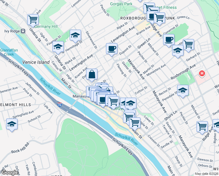 map of restaurants, bars, coffee shops, grocery stores, and more near 168 Gay Street in Philadelphia