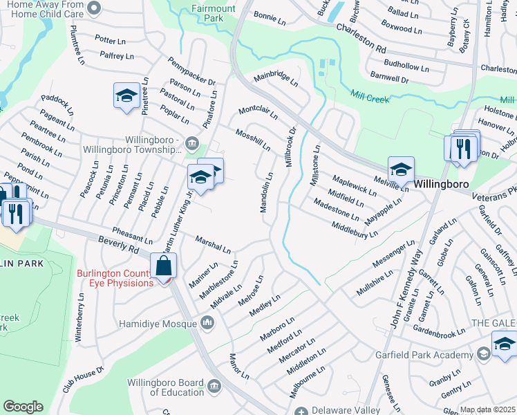 map of restaurants, bars, coffee shops, grocery stores, and more near 19 Mandolin Lane in Willingboro