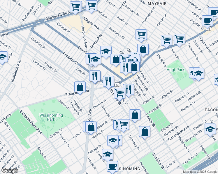 map of restaurants, bars, coffee shops, grocery stores, and more near Frankford Ave & Robbins St in Philadelphia