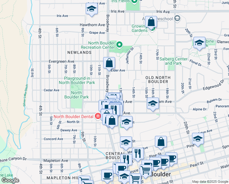 map of restaurants, bars, coffee shops, grocery stores, and more near 1240 Cedar Avenue in Boulder