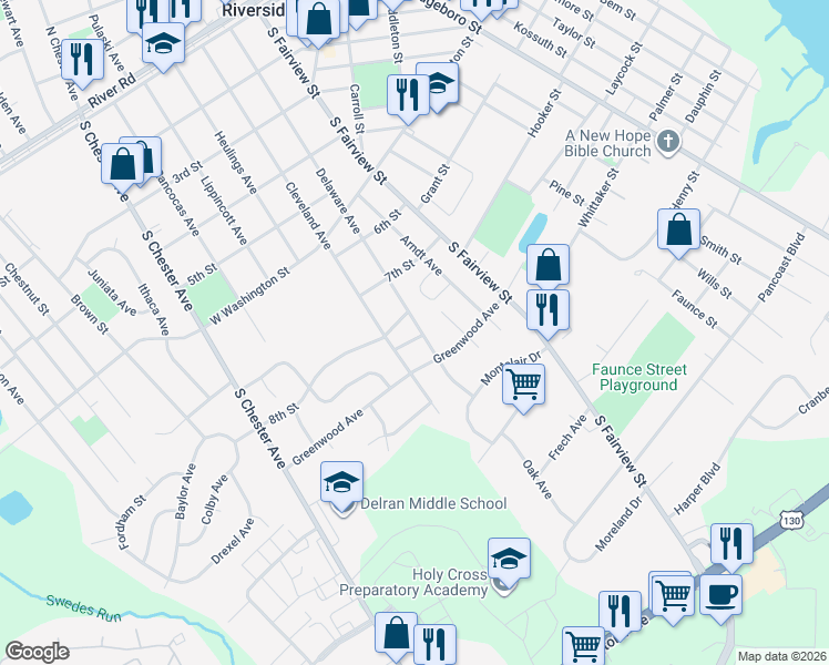 map of restaurants, bars, coffee shops, grocery stores, and more near 405 Oak Street in Riverside