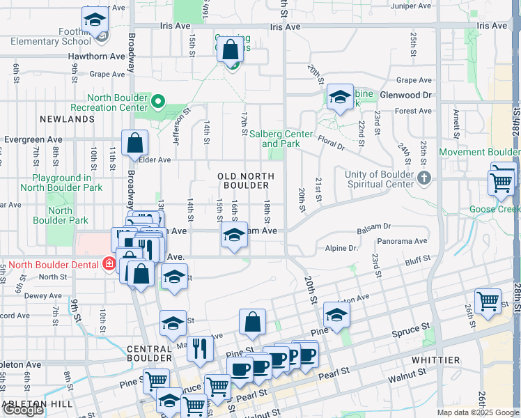 map of restaurants, bars, coffee shops, grocery stores, and more near 1740 Cedar Avenue in Boulder