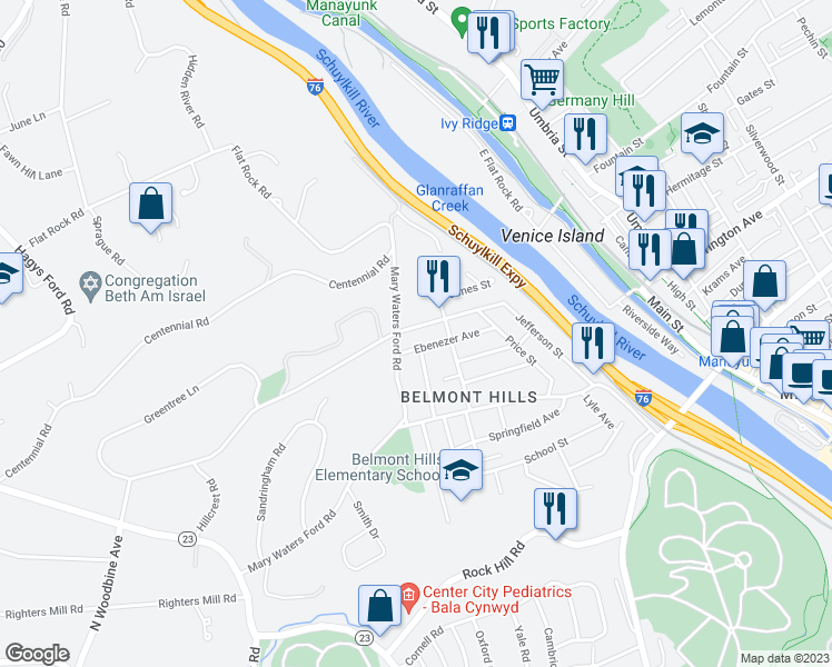 map of restaurants, bars, coffee shops, grocery stores, and more near 224 Jefferson Street in Bala Cynwyd