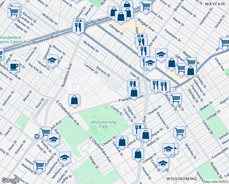 map of restaurants, bars, coffee shops, grocery stores, and more near 2900 Benner Street in Philadelphia