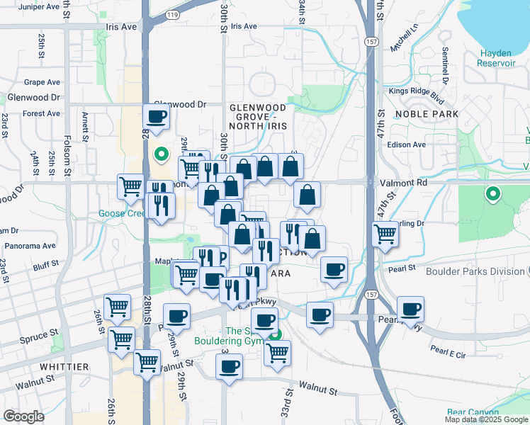 map of restaurants, bars, coffee shops, grocery stores, and more near 3303 Bluff Street in Boulder
