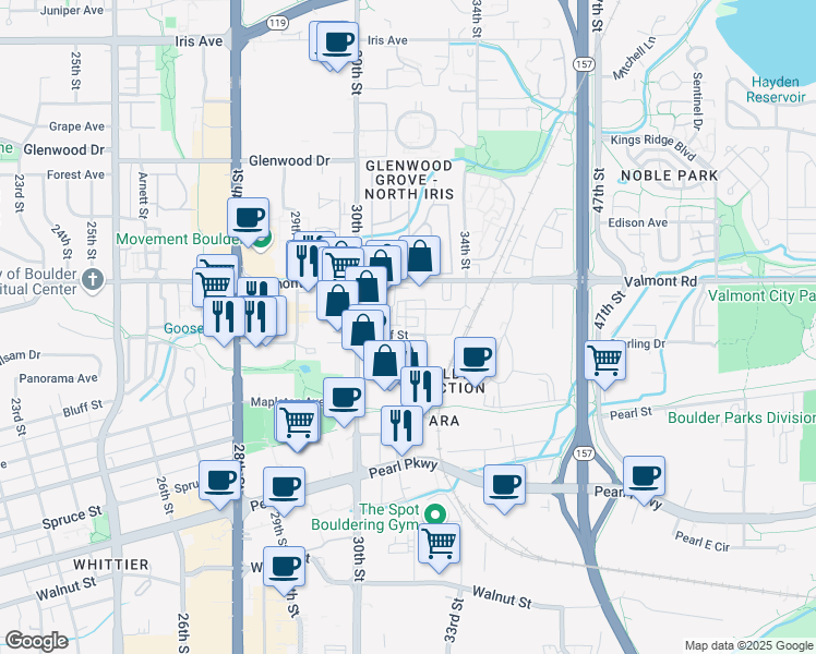 map of restaurants, bars, coffee shops, grocery stores, and more near 3129 Bluff Street in Boulder