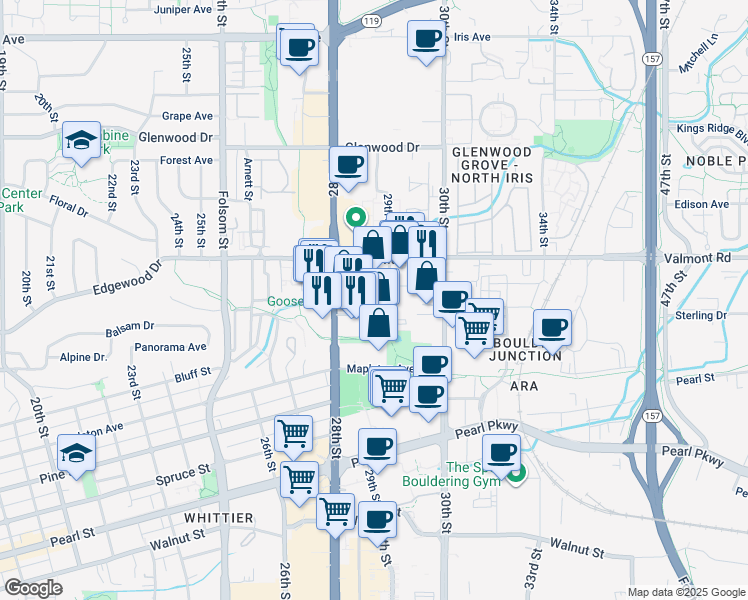 map of restaurants, bars, coffee shops, grocery stores, and more near 2860-2890 Bluff Street in Boulder