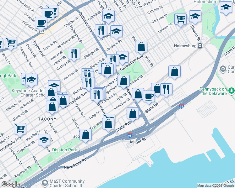 map of restaurants, bars, coffee shops, grocery stores, and more near 7205 Tulip Street in Philadelphia