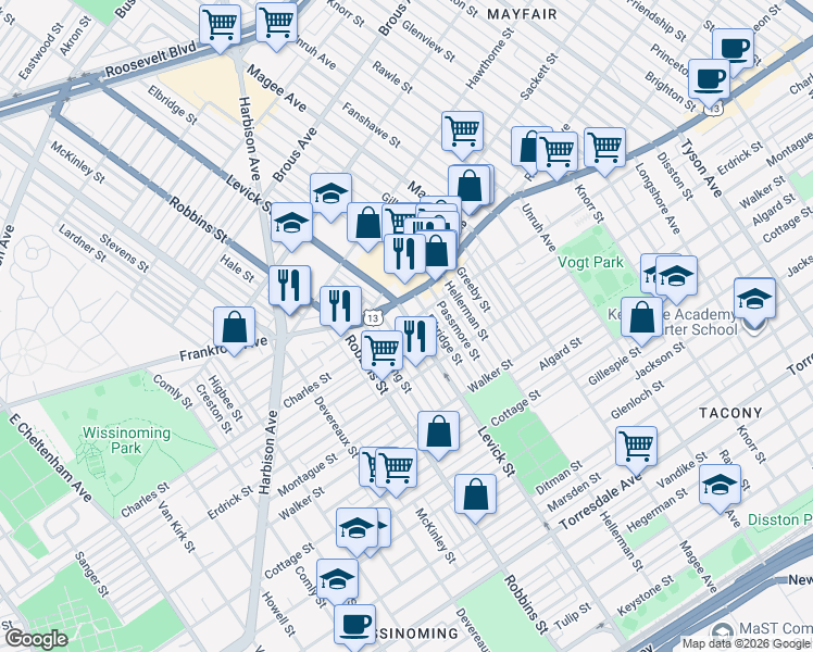 map of restaurants, bars, coffee shops, grocery stores, and more near 4119 Levick Street in Philadelphia