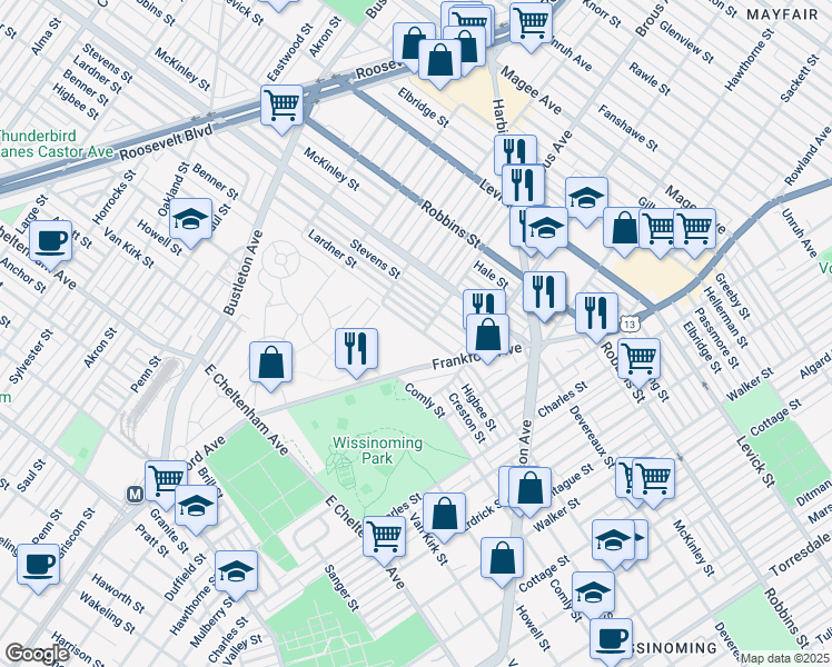 map of restaurants, bars, coffee shops, grocery stores, and more near 2900 Benner Street in Philadelphia