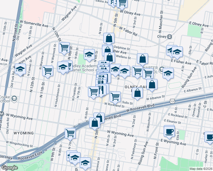 map of restaurants, bars, coffee shops, grocery stores, and more near 5009 North 5th Street in Philadelphia
