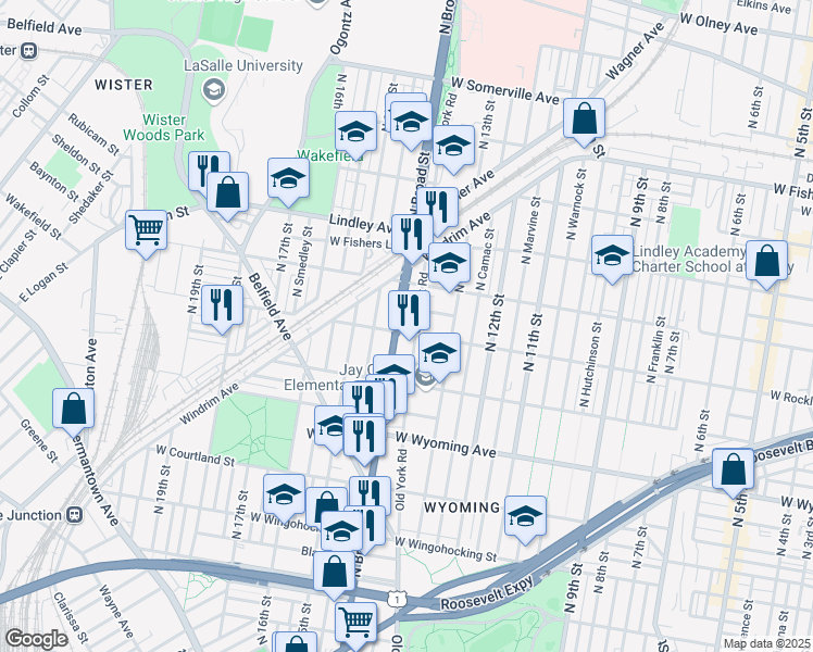map of restaurants, bars, coffee shops, grocery stores, and more near 1360 West Rockland Street in Philadelphia